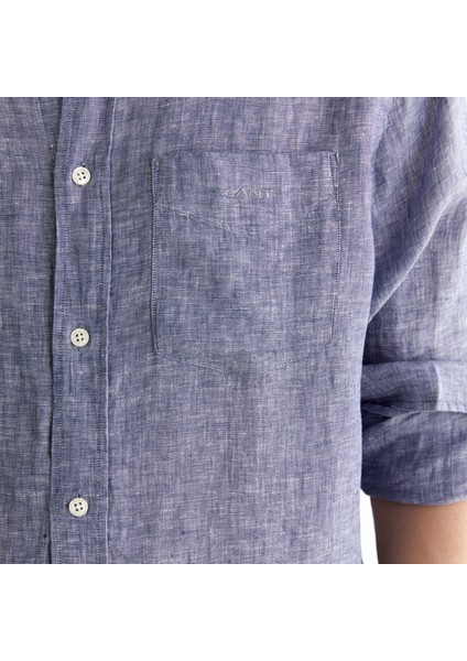 Erkek Mavi Regular Fit Düğmeli Yaka Keten Gömlek indirimleri