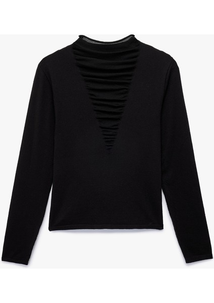 Slim Fit Uzun Kollu Dik Yaka Tül Detaylı Triko Kazak modelleri