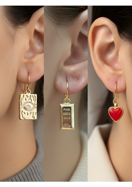 Göz Külçe Kırmızı Kalp 3’lü Sembol Kadın Küpe Set