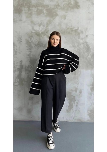 Çizgili Ispanyol Kol Triko Boğazlı Kazak Siyah Elf modelleri