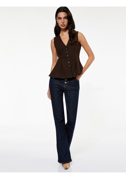 Düğmeli V Yaka Peplum Blazer Yelek