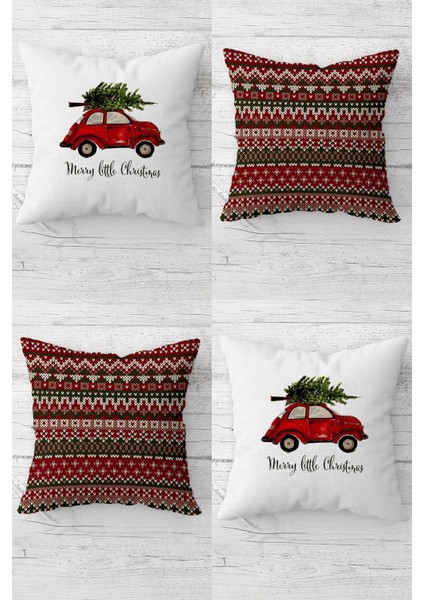 Renkli Noel Temalı Gizli Fermuarlı Kırlent Kılıf Takım 4'lü