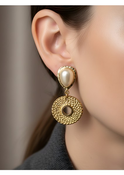 Kadın Gold Renk Incili Yuvarlak Sallantılı Küpe Vintage Şık Tasarım