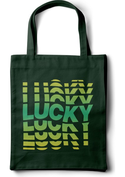 Sanatsal Gabardin Bez Çanta – Tipografi Lucky Yazı Baskılı Tasarım - 35X40