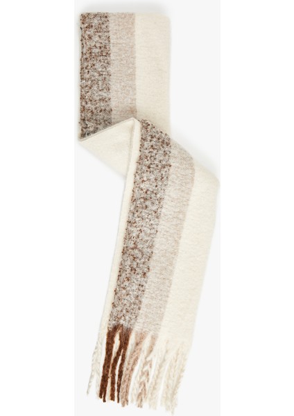 Yumuşak Dokulu Renk Bloklu Püsküllü Uzun Atkı