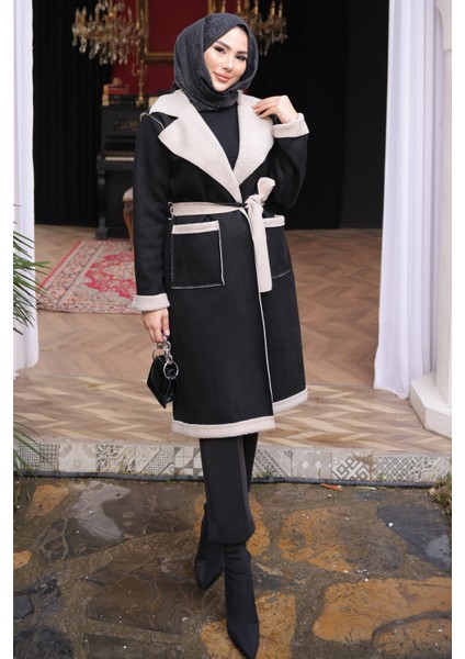 Siyah Kruvaze Yaka İçi Kürklü Süet Kaban