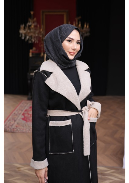 Siyah Kruvaze Yaka İçi Kürklü Süet Kaban modelleri