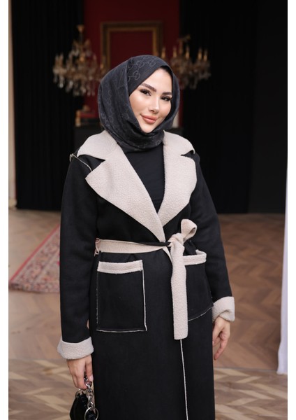 Siyah Kruvaze Yaka İçi Kürklü Süet Kaban fırsatları