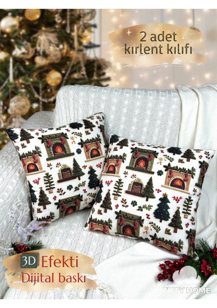 Iki Adet 43X43 cm Dijital Baskı Kırlent Kılıfı, Yılbaşı ve Noel Temalı, Beyaz