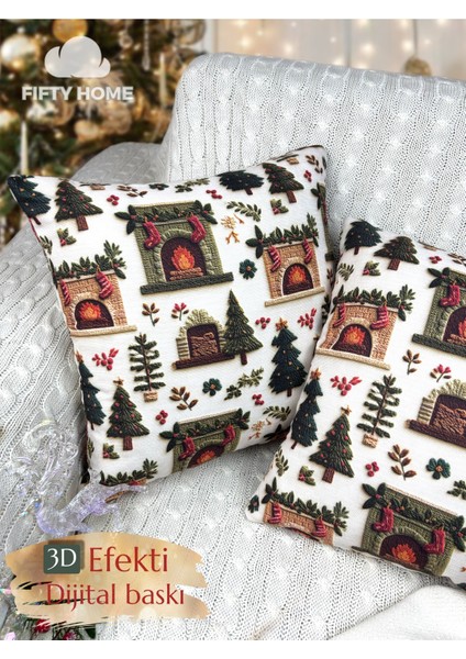 Iki Adet 43X43 cm Dijital Baskı Kırlent Kılıfı, Yılbaşı ve Noel Temalı, Beyaz fırsatları