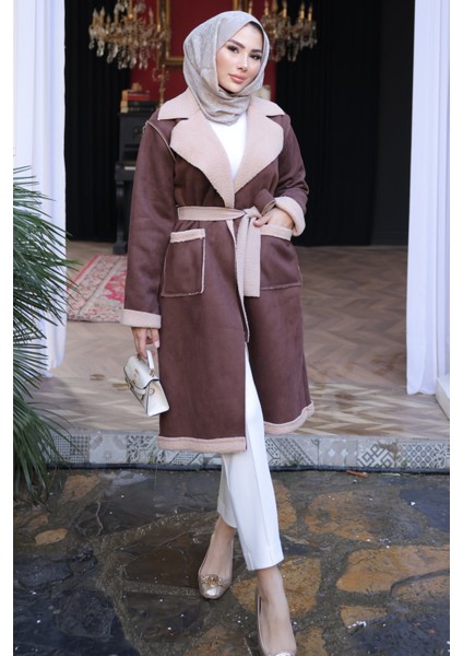 Kahverengi Kruvaze Yaka İçi Kürklü Süet Kaban