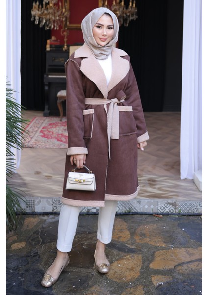 Kahverengi Kruvaze Yaka İçi Kürklü Süet Kaban modelleri