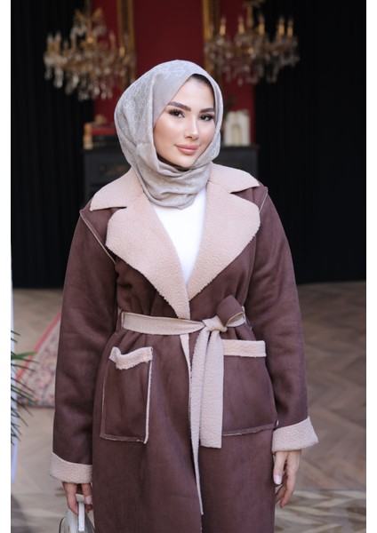 Kahverengi Kruvaze Yaka İçi Kürklü Süet Kaban fırsatları