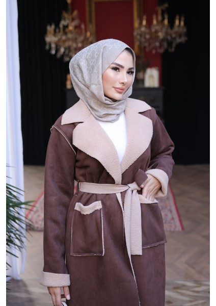 Kahverengi Kruvaze Yaka İçi Kürklü Süet Kaban indirimleri