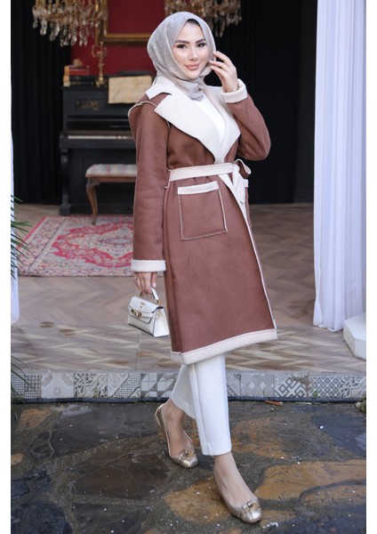 Taba Kruvaze Yaka İçi Kürklü Süet Kaban