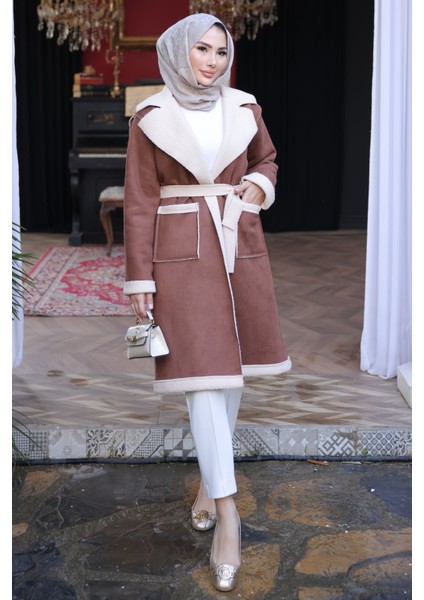 Taba Kruvaze Yaka İçi Kürklü Süet Kaban modelleri