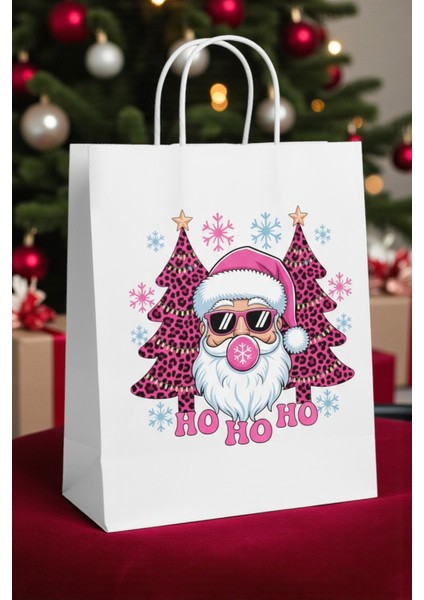 3’lü Pembe Noel Baba Temalı Büküm Saplı Hediye Çantası (8X18X24 Cm)