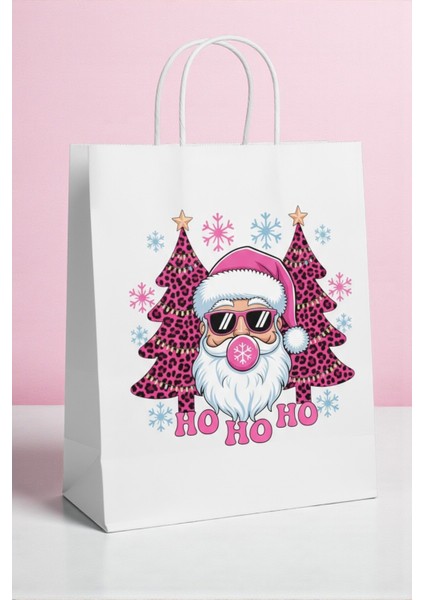 3’lü Pembe Noel Baba Temalı Büküm Saplı Hediye Çantası (8X18X24 Cm) fiyatları