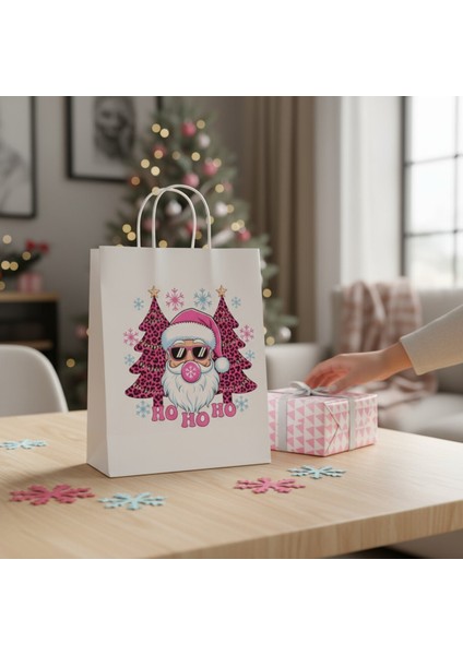 3’lü Pembe Noel Baba Temalı Büküm Saplı Hediye Çantası (8X18X24 Cm) modelleri