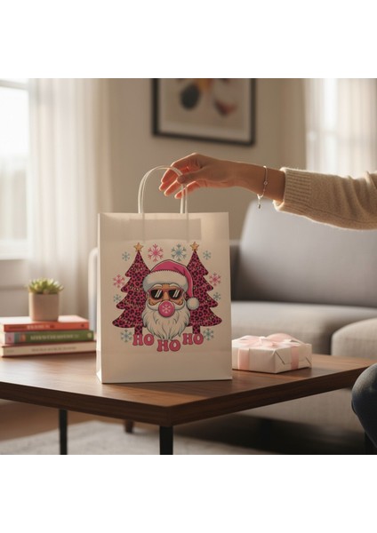 3’lü Pembe Noel Baba Temalı Büküm Saplı Hediye Çantası (8X18X24 Cm) fırsatları