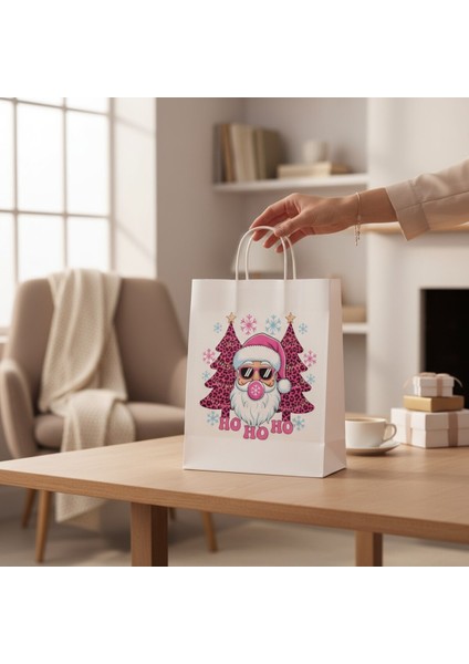 3’lü Pembe Noel Baba Temalı Büküm Saplı Hediye Çantası (8X18X24 Cm) indirimleri