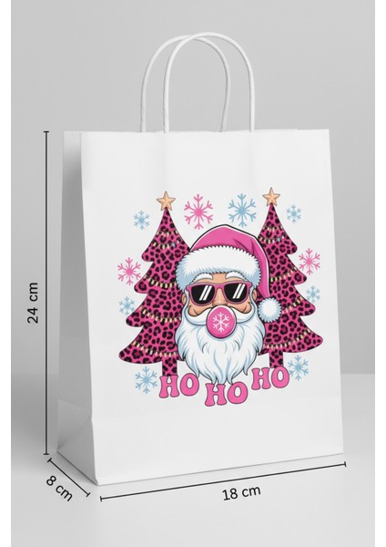 3’lü Pembe Noel Baba Temalı Büküm Saplı Hediye Çantası (8X18X24 Cm)