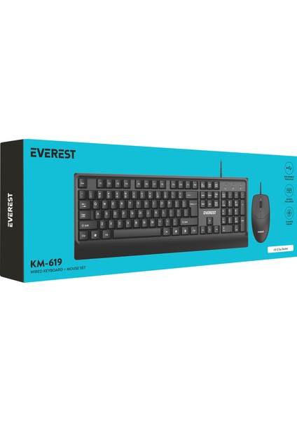 KM-619 Siyah USB Us Layout English Standart Klavye + Mouse Set