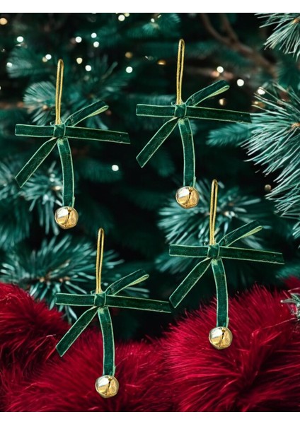 Yeşil Kadife Yılbaşı Fiyonk Zilli 5 Adet Ağaç Süsü