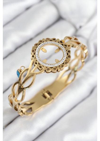 316L Çelik Zirkon Taşlı Çeyrek Takılabilir Gold Renk Kelepçe - TJ-BB7822