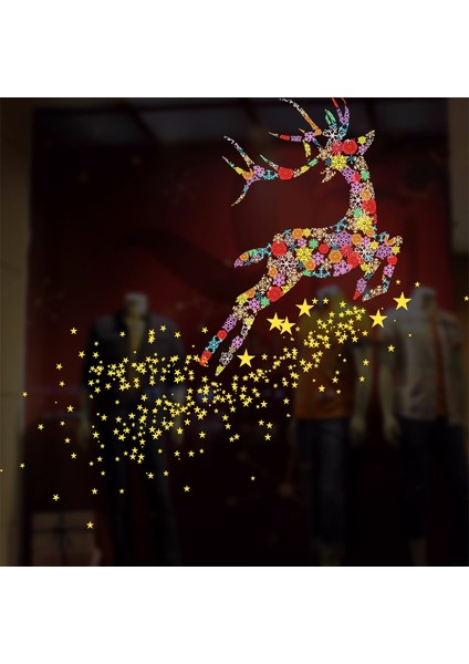 Renkli Uçan Geyik Yılbaşı Elektrostatik Sticker – Kendinden Yapışan Tekrar Kullanılabilir Cam Süsü