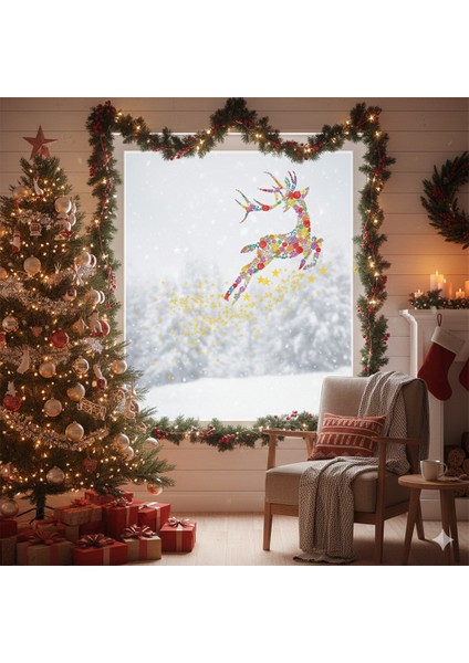 Renkli Uçan Geyik Yılbaşı Elektrostatik Sticker – Kendinden Yapışan Tekrar Kullanılabilir Cam Süsü fiyatları