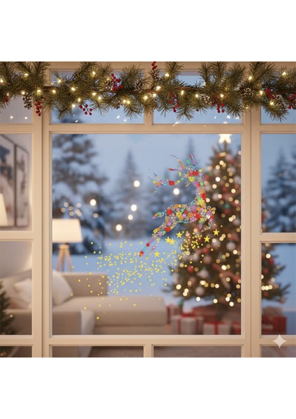 Renkli Uçan Geyik Yılbaşı Elektrostatik Sticker – Kendinden Yapışan Tekrar Kullanılabilir Cam Süsü modelleri