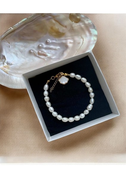 Sertifikalı Gerçek Doğal Beyaz Orta Boy Arpa Inci Kadın Bileklik Çelik Klips Istiridye Charm