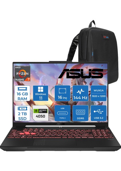 Tuf Gaming A16 (FA607NUG-GAMING) Amd Ryzen™ 7 7445HS 16GB Ddr5 2tb SSD RTX4050/6GB 140W 16-Inch, Fhd+ 16:10 (1920 x 1200, Wuxga) 144Hz IPS WIN11PRO Taşınabilir Bilgisayar RL125P04+ZETTAÇANTA
