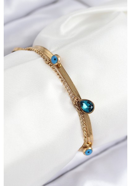 316L Çelik Nazar Boncuk Detaylı Mavi Zirkon Taşlı Model Italyan Zincir Gold Renk Kadın Bileklik - TJ-BB7828