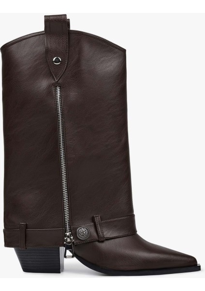 Kadın Astral Kahve Cilt Fermuar Detaylı Kovboy Çizme