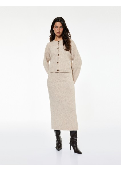 Yırtmaç Detaylı Yüksek Bel Midi Triko Etek