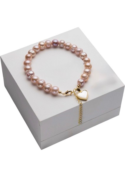 Sertifikalı Gerçek Pembe Inci Bileklik Kalp Charm 15 cm