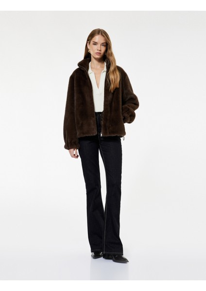 Suni Süet Astarlı Dik Yaka Uzun Kollu Crop Fermuarlı Peluş Mont