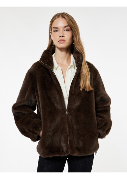 Suni Süet Astarlı Dik Yaka Uzun Kollu Crop Fermuarlı Peluş Mont fiyatları