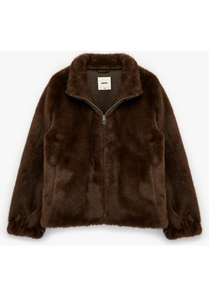 Suni Süet Astarlı Dik Yaka Uzun Kollu Crop Fermuarlı Peluş Mont modelleri
