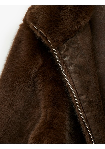 Suni Süet Astarlı Dik Yaka Uzun Kollu Crop Fermuarlı Peluş Mont