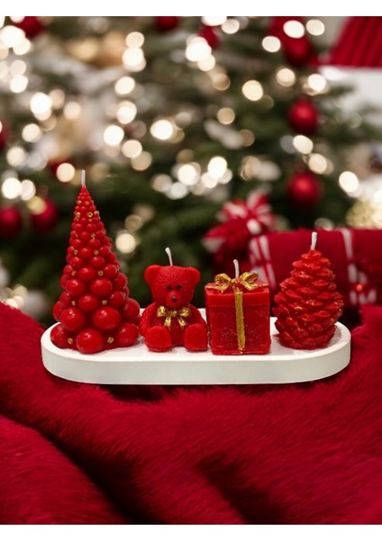 Yılbaşı Dekoratif Mum Seti 5'li; Çam Ağacı, Ayıcık, Hediye Kutusu, Kozalak, Sunum Tabağı