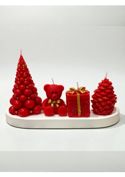 Yılbaşı Dekoratif Mum Seti 5'li; Çam Ağacı, Ayıcık, Hediye Kutusu, Kozalak, Sunum Tabağı modelleri