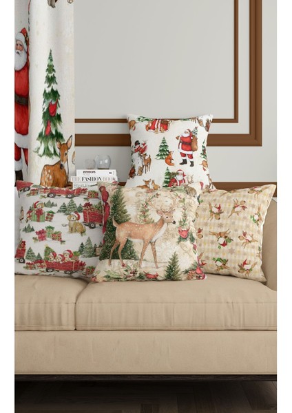 Yılbaşı Temalı Noel Baba ve Geyik Desenli Çift Taraflı Dijital Baskılı Kırlent Kılıfı 4’lü