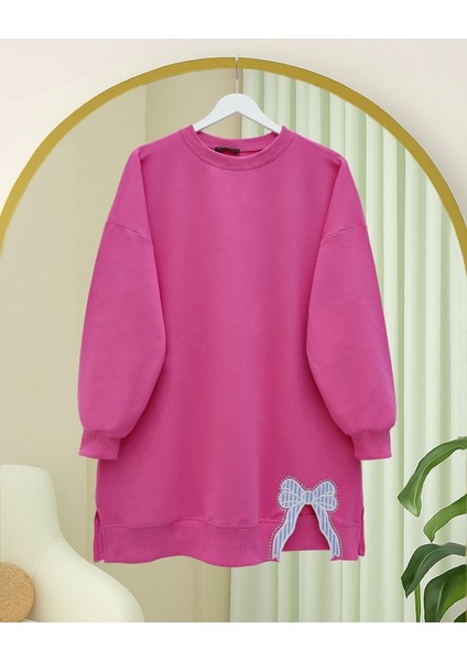 Yuvarlak Yaka Eteği Fiyonk Detaylı Salaş Penye Tunik -Pembe