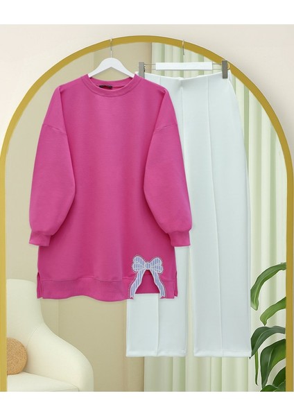 Yuvarlak Yaka Eteği Fiyonk Detaylı Salaş Penye Tunik -Pembe fiyatları