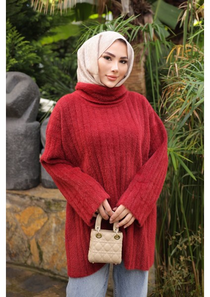 Bordo Balıkçı Yaka Salaş Angora Yumoş Triko Kazak