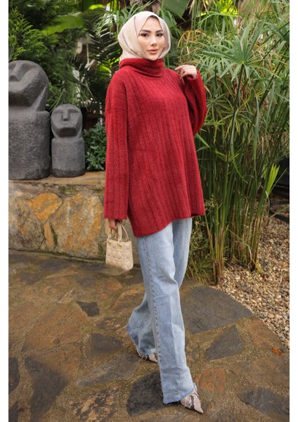 Bordo Balıkçı Yaka Salaş Angora Yumoş Triko Kazak fiyatları