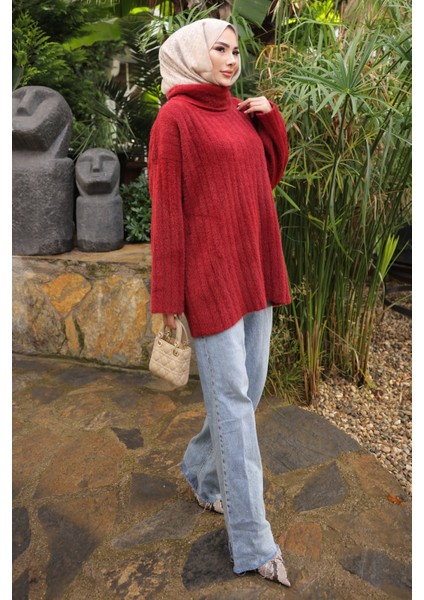Bordo Balıkçı Yaka Salaş Angora Yumoş Triko Kazak modelleri